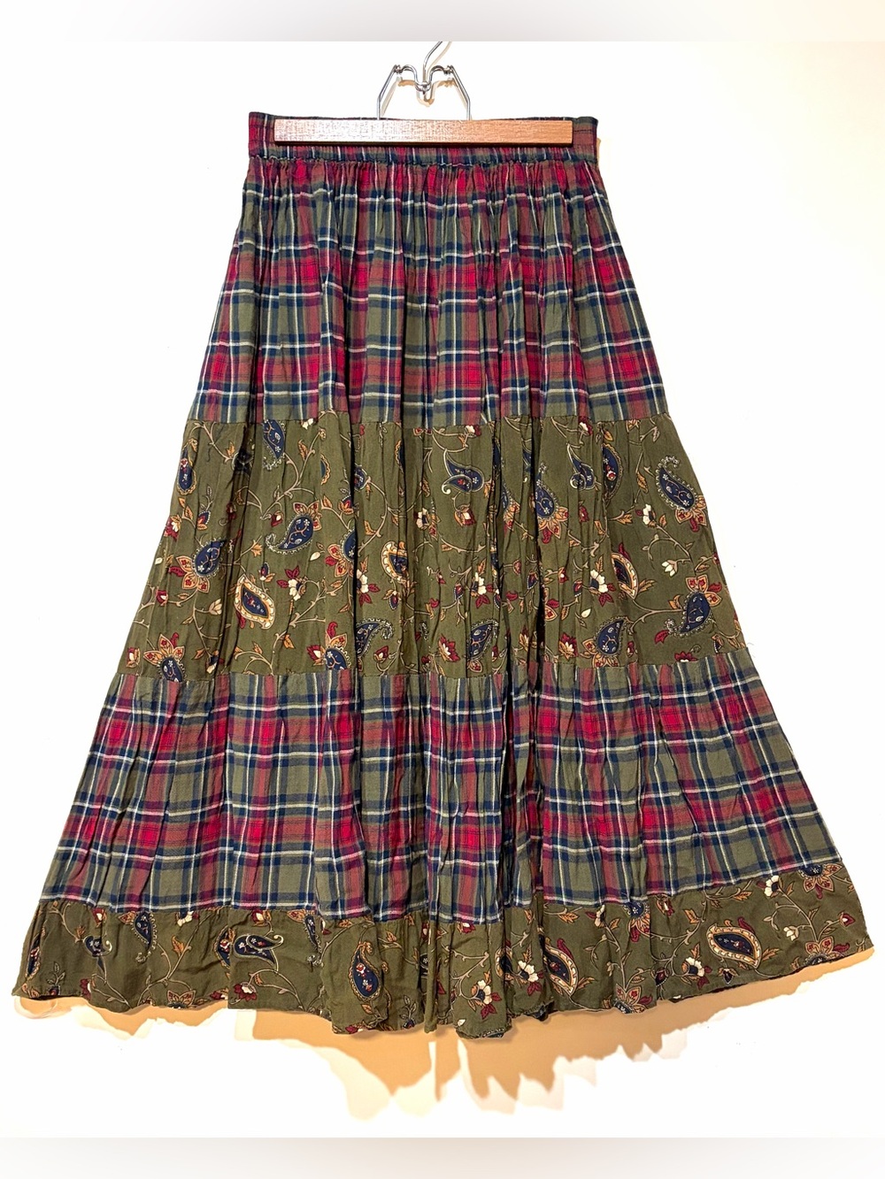 Vintage- Rhythm Blue- Plaid and Paisley Tiered 100% Rayon Skirt